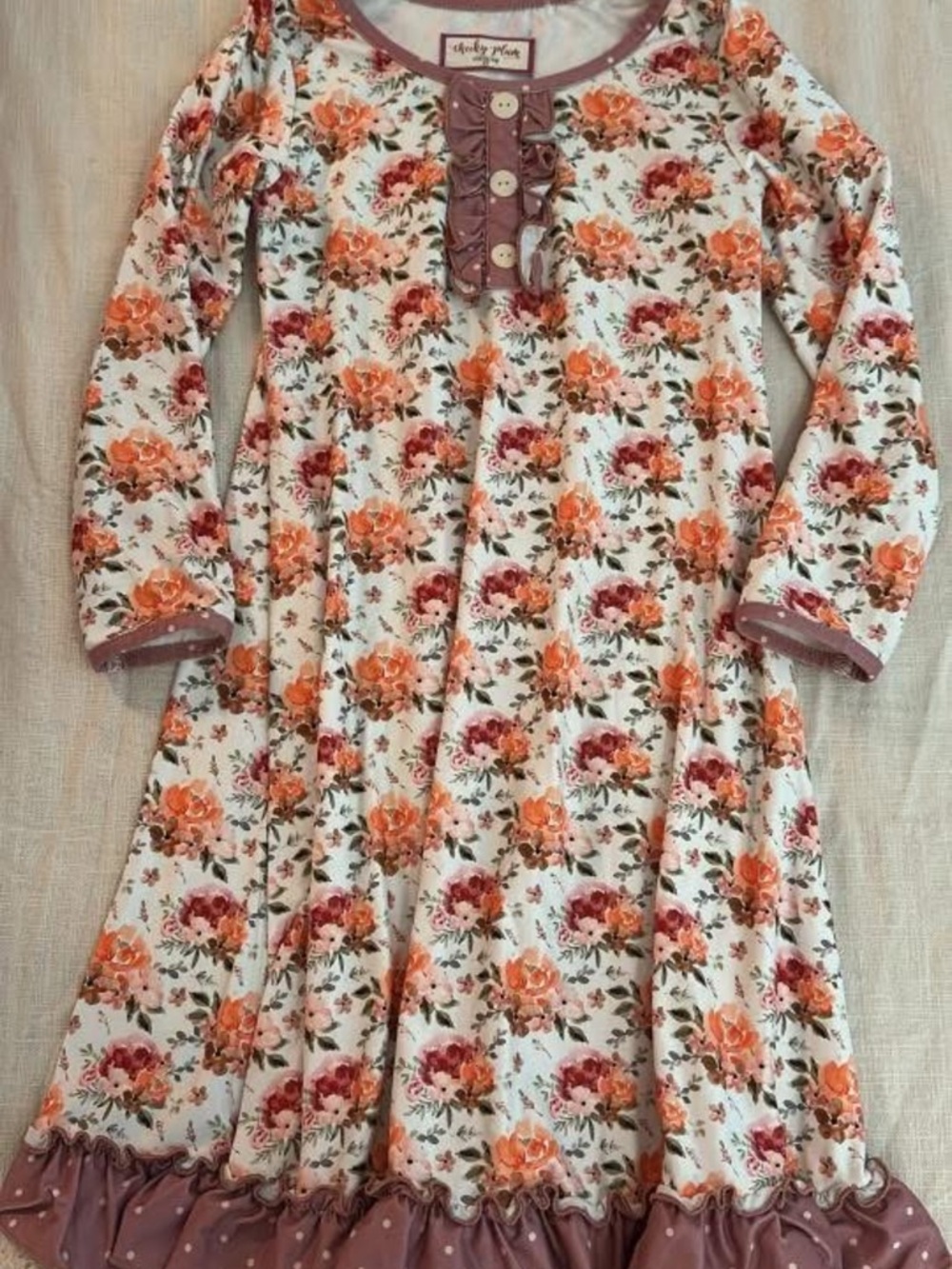 cheeky plum Cream Floral Ruffle-Hem Long Sleeve Dress